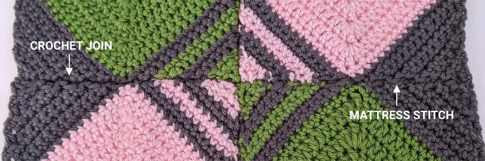 crocheted squares joined with the crochet join and mattress stitch