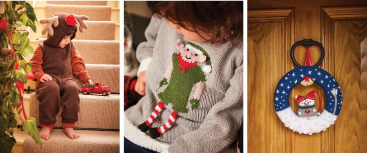 A toddler wearing a reindeer onesie, a child in a sweater with an intarsia elf, a snowman wreath