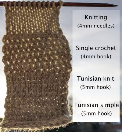 Swatch held up to light, showing least light through the Tunisian knit stitch section