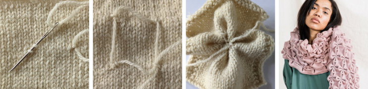 A knitters needle pulling yarn through guide stitches on a swatch and the scarf, Floret