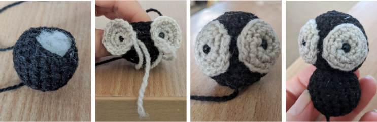 Four pictures showing first stages of making amigurumi.