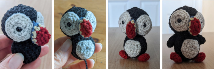 Last stages leading to finished amigurumi puffin