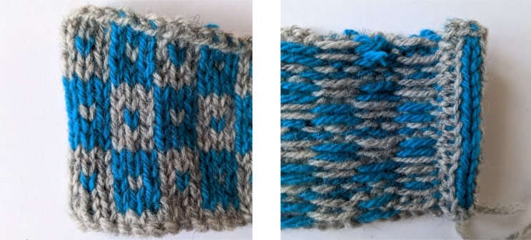 The front and back of a swatch after folding and sewing down the steeked edge.
