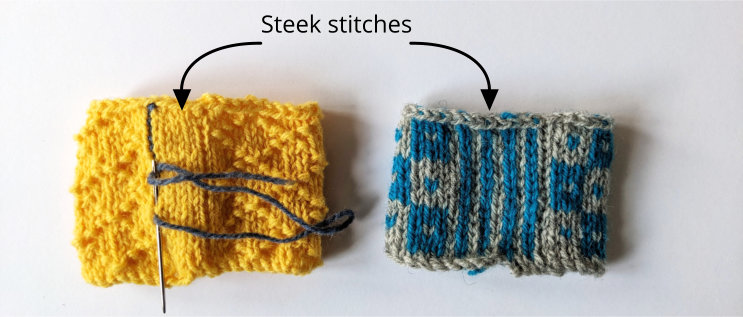Two in-the-round swatches, showing steek stitches and backstitching in progress