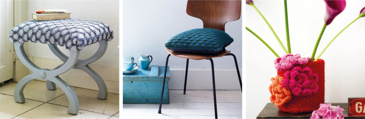 A stool covered with a teal honeycomb stitch cover; 3 knitted lampshades; a floral plant pot cover