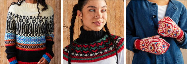 A Nordic style stranded sweater in red, blue, black and white; a stranded neckwarmer with ribbed neck and stranded hearts on the shoulders; multicolored stranded mittens