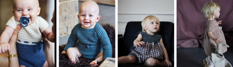 4 pictures with babies and young children wearing crochet vests and dresses