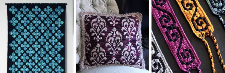 A wall hanging with a black background and a blue clover-shaped allover pattern; a black and purple cushion with an ornate allover pattern; three bright belts with a black scroll pattern