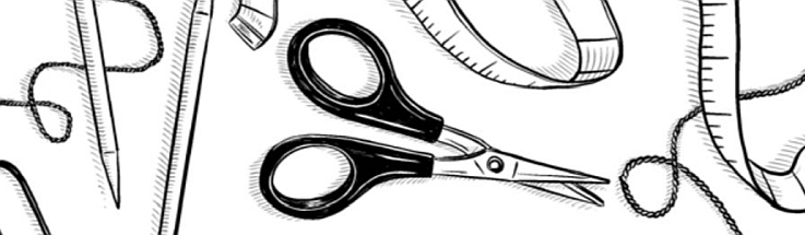 A black and white line drawing of scissors, pens and a tape measure