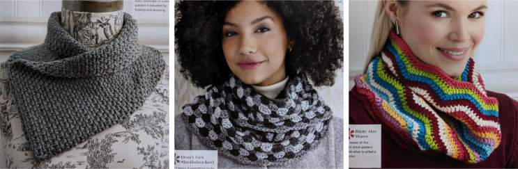 3 pictures of cowls: a gray crossover cowl; a shell pattern cowl in 3 shades of grey; a ripple cowl in rainbow colors