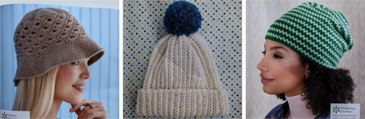 3 pictures of hats: a beige bucket hat; a cream ribbed bobble hat with a petrol blue bobble; a striped hat slouchy beanie in two shades of green