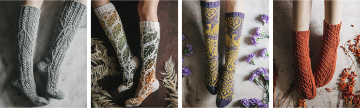 4 pictures: knee length gray cabled socks; knee length socks of orange and green leaves on a pale background; purple and yellow knee length socks depicting a phoenix; russet ankle length cabled socks;