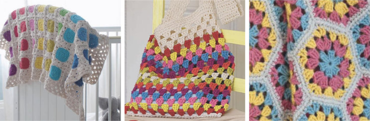 3 pictures: a crochet blanket on a white cot, with colored circles within white squares; a crochet bag of granny stripes; a blanket of blue, pink and yellow granny-style hexagons