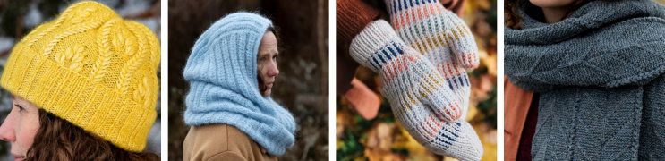 A yellow cable knitted hat; a fluffy pale blue cabled hood; striped mittens; a dark gray textured scarf