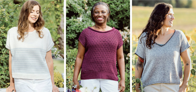 3 short-sleeved summer tops. One is white with pale blue stripes on the bottom half; the middle top is wine red with a wide neck and a lace allover pattern; the third is light gray and has a deep V-neck.