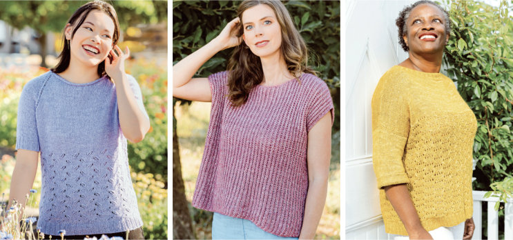 3 summer tops. One is lilac, with a round neck, short sleeves and a lace pattern on the bottom half; the middle top is a semi-solid pink/red with short sleeves;; the third is a tonal yellow with 3/4 sleeves and has a lace pattern on the front and back from the bust down.