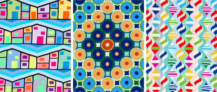 3 pictures of blankets one made of multicolored houses, another of blue and orange circles and a third of brightly colored Christmas teardrop decorations