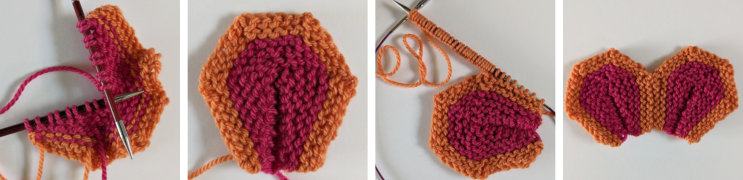 4 pictures showing the order of construction of the first 2 petals of a knitted flower. 