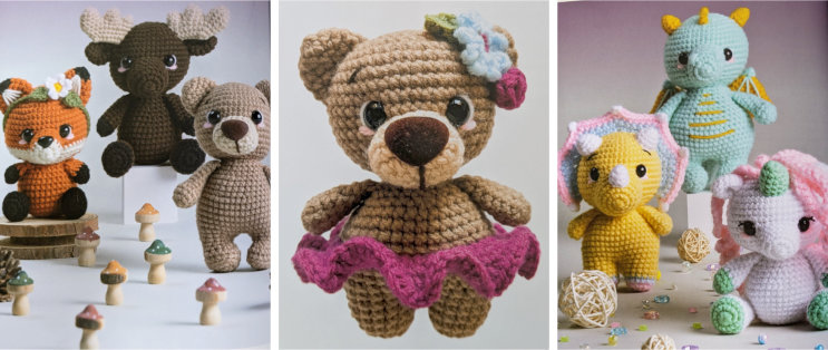 Fox, moose and bear amigurumi toys; a bear wearing a pink tutu and flowers; dragon, triceratops and unicorn amigurumis