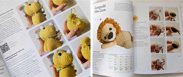 Two examples of photo tutorials. One shows how to sew the head to the body, the other how to embroider a lion