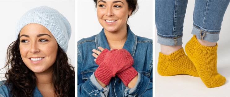 An ice-blue plain knit hat; coral-colored fingerless mittens; golden yellow slipper-socks