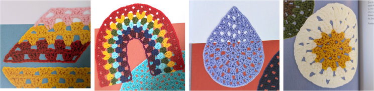 Crocheted shapes made in granny stitch: a multicolored parallelogram, a rainbow arch, a pale blue teardorp and a white egg-shape with a yellow center.