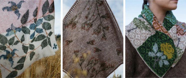 3 scarf patterns with delicate botanical motifs