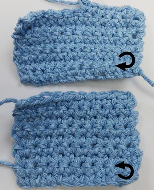 Normal and anti-clockwise crochet swatches
