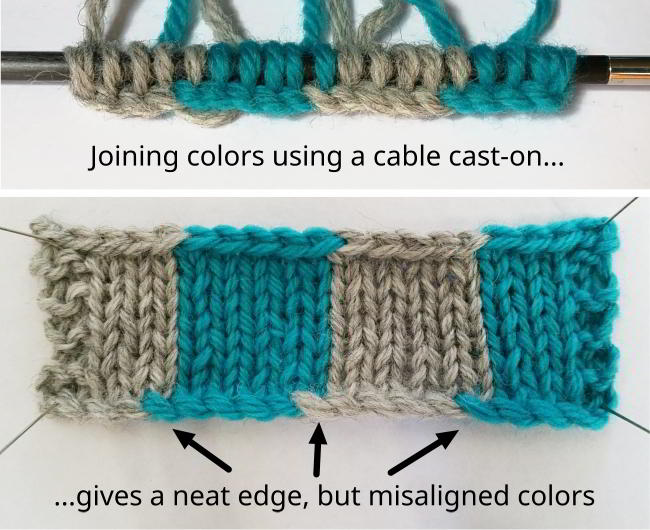 Cable cast on with new colors joined to make a continuous edge