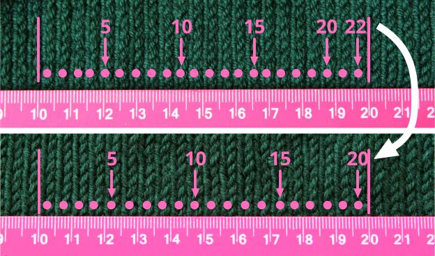 Gauge change from 22 to 20sts after blocking